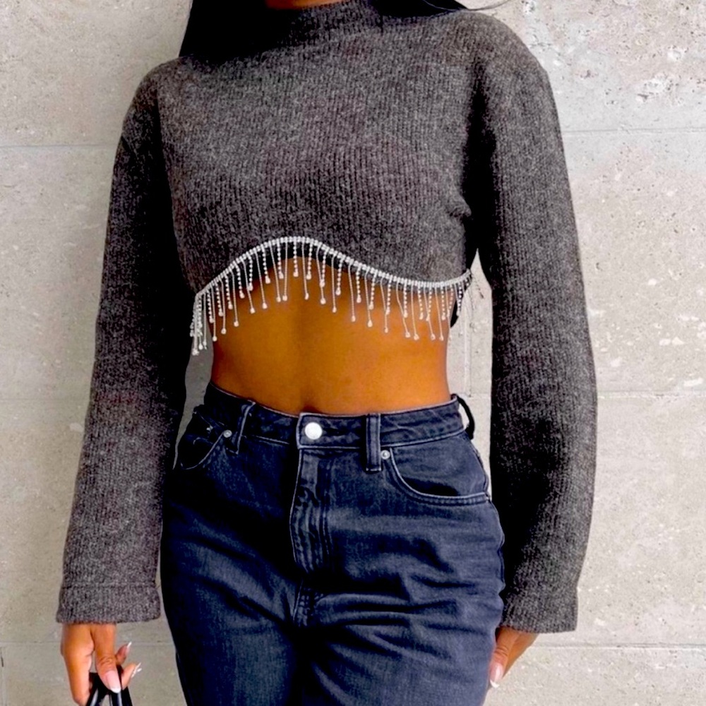 BNWT Zara Drip Rhinestone Crop Sweater!